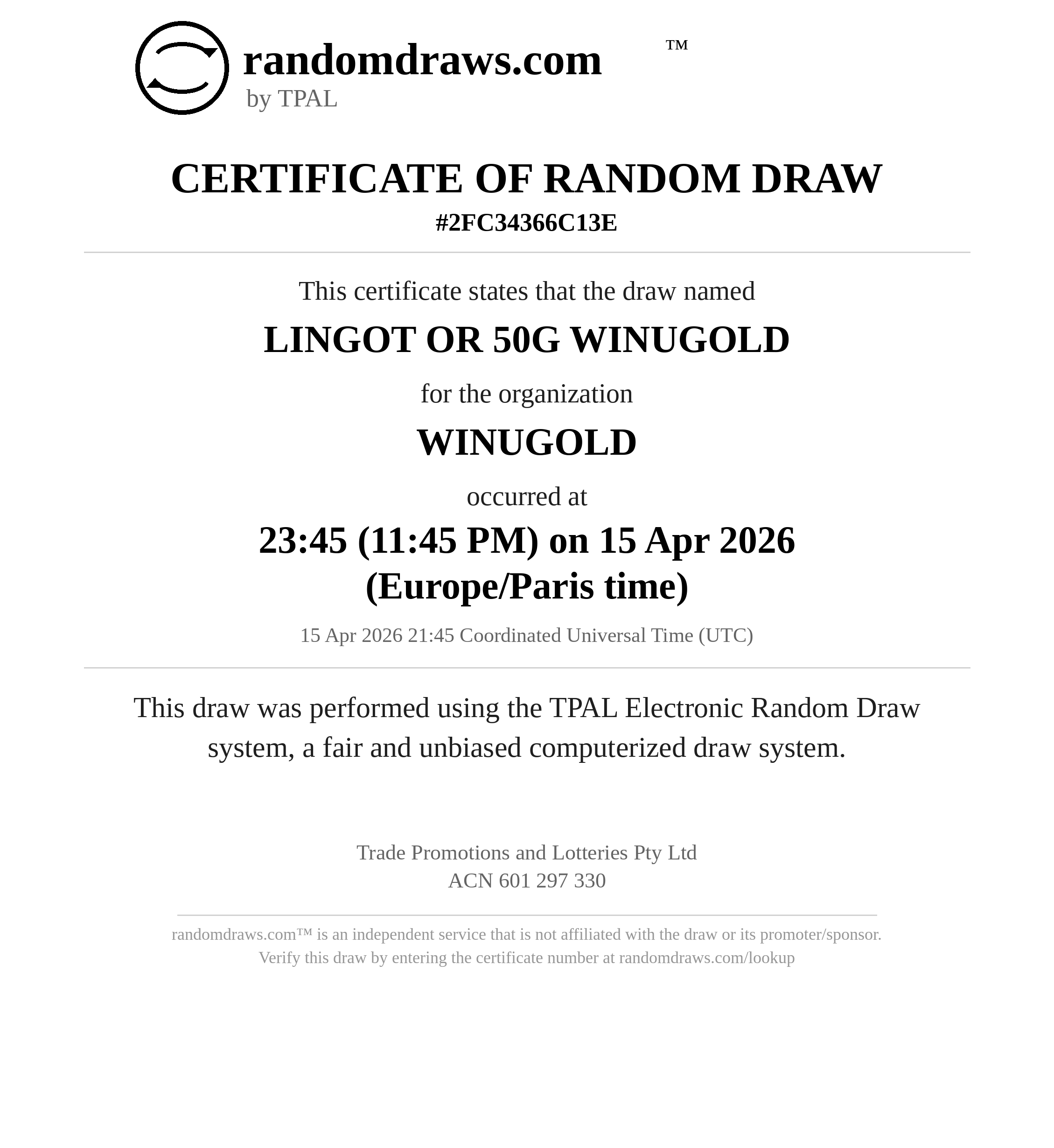 Certificat de tirage RandomDraws.com WinUGold